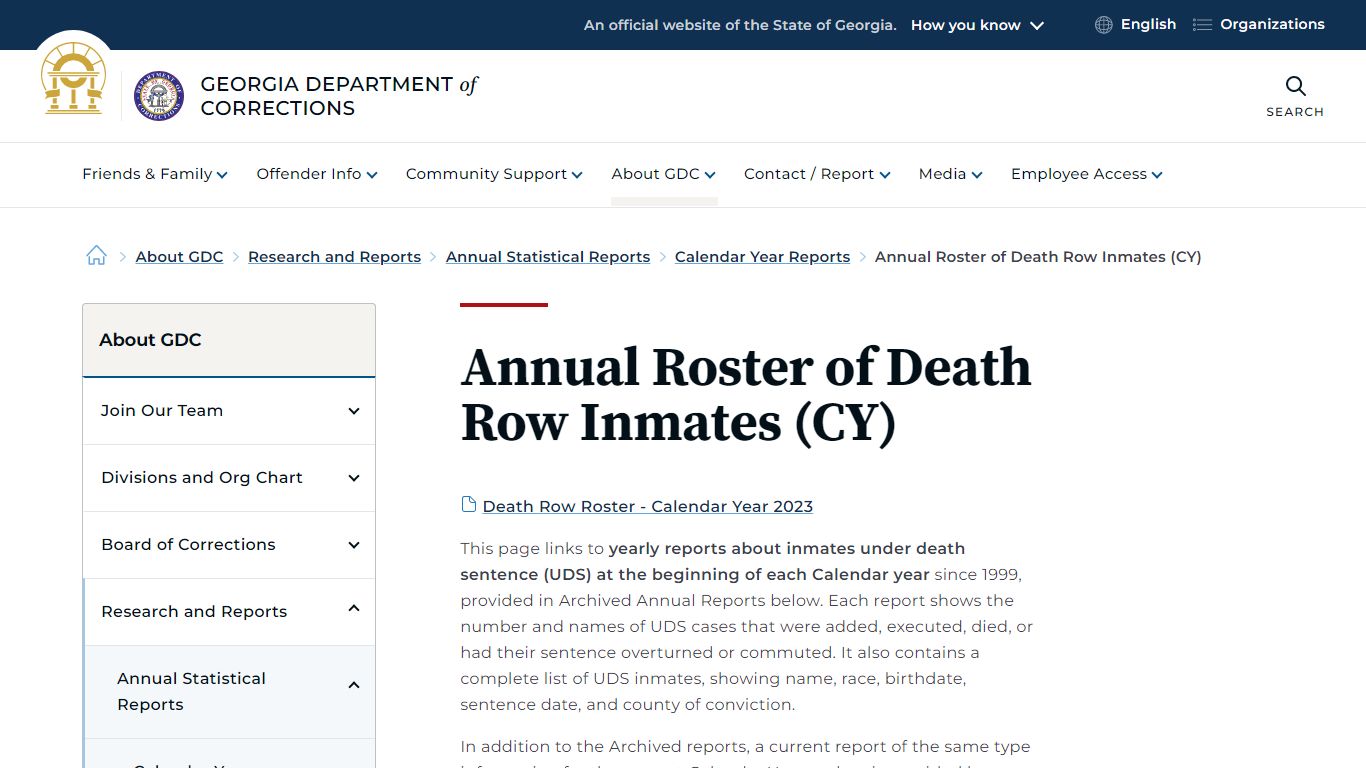 Annual Roster of Death Row Inmates (CY) | Georgia Department of Corrections